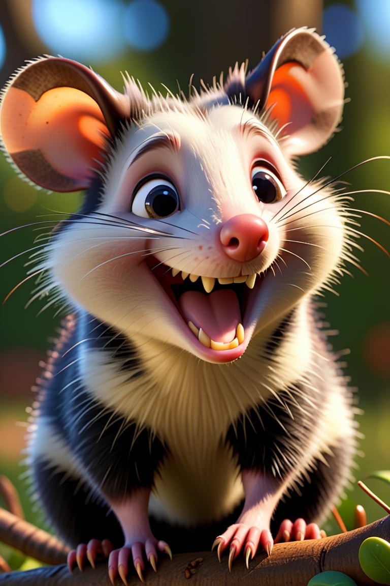 (opossum),pixar style,8k,realistic,vray,HDR,6000K,perfect light,bokeh,dept of field,photorealistic,masterpiece,high resolution,best quality,
(pixar style),(pixar character:1.2, broad smiling, happiness, black marking on the eye,