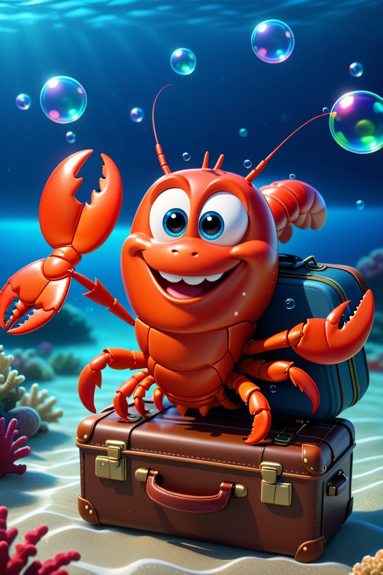 pixar style of  lobster, as a cartoon business  man character,  tinny cute, ((( luminous))), carring a little suitcase, in the ocean, bubbles, smile, high detailed, photorealistic, 8k , smooth, simple