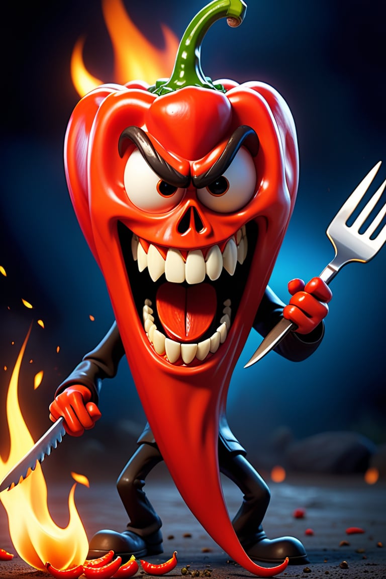 Disney pixar animation of the hottest red pepper in the world with a face mode of ral-drp, California Reaper, on fire, ready to kill you, gnash teeth, dripping sliva, holding fork and knife, looking very badass, (anthropomorphism:1.2), 