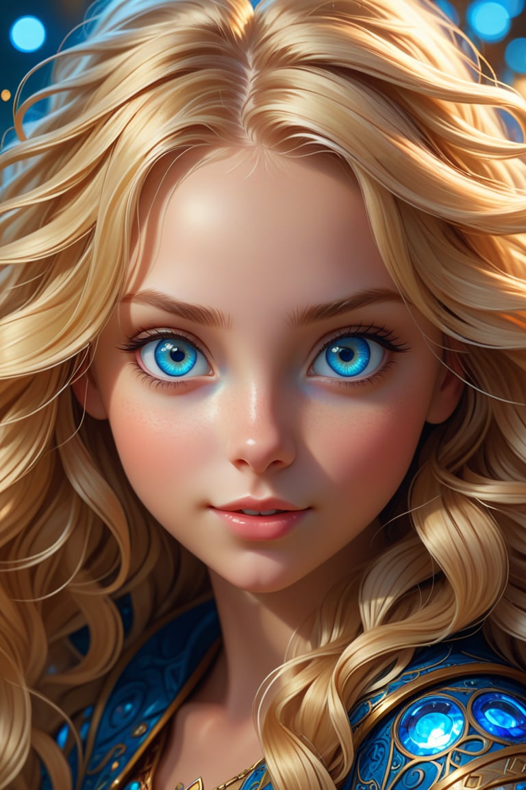 rait of an extremely cute and mischievous young woman with extremely cute eyes, round detailed face, long wavy blonde hair, blue eyes, fantasy art, in the style of greg rutkowski, illustration, epic, fantasy, intricate, hyper detailed, artstation, concept art, smooth, sharp focus, ray tracing great lighting