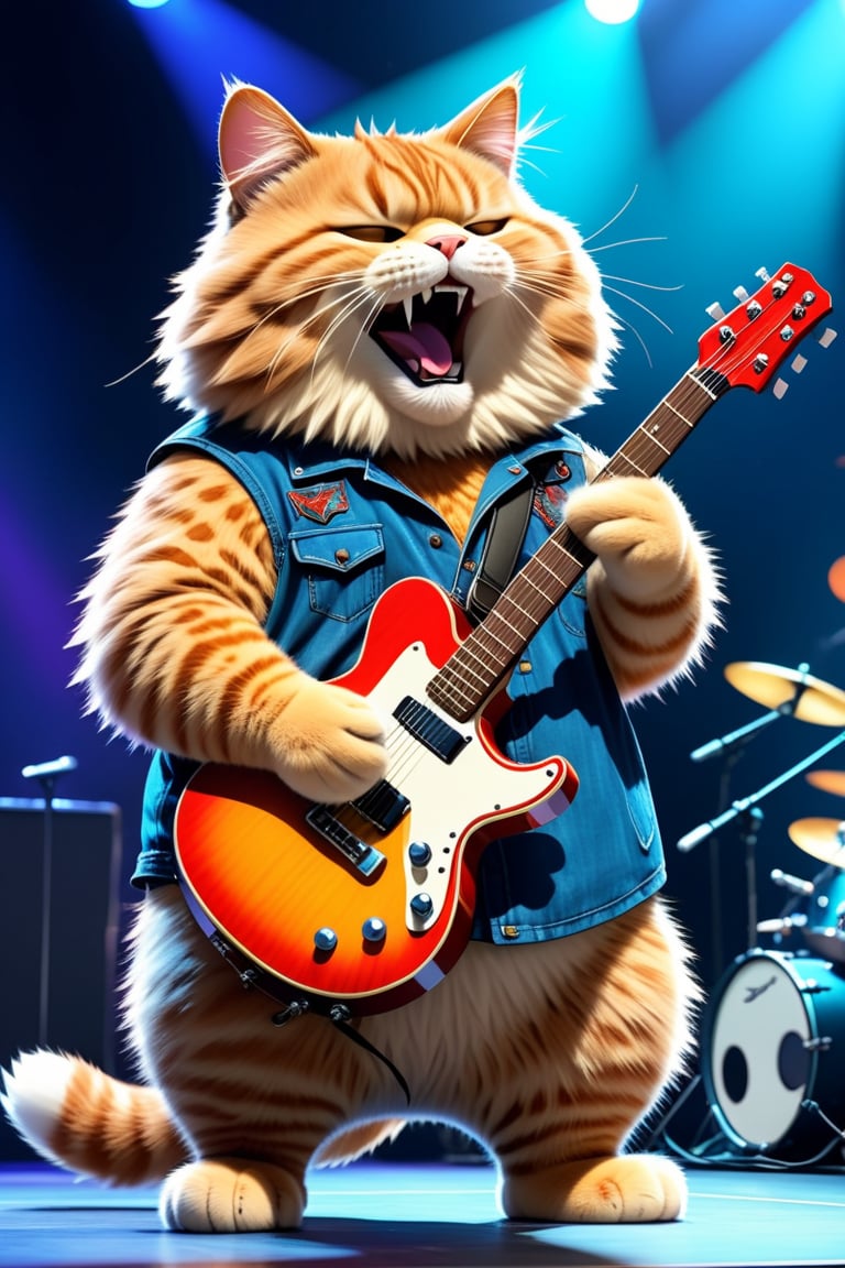 pixar style,  (an animal fat cat as rock singer), playing base guitar, hand drawing,  in the concert, big furry animal tummy, illustration  (best quality), (masterpiece)