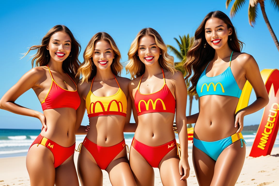 A vibrant and colorful photo of models wearing trendy McDonald's-branded swimwear, enjoying a day at the beach. The swimwear features the iconic golden arches and red background of the fast-food chain, making for a unique and fun beachwear style. The models are seen posing with big smiles, enjoying the sun and waves. The background shows a beautiful beach scene with palm trees, clear blue water, and soft white sand., photo