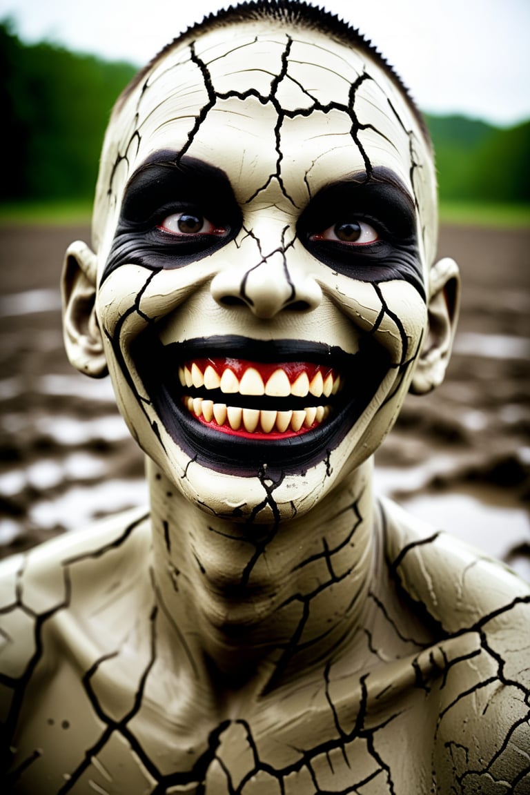 monster, horror, grotesque, cracked_mud_skin, white_skin, black_eyes, freakish_smile