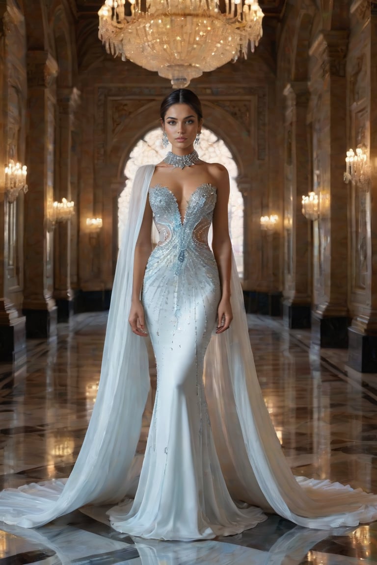 masterpiece, stunning full body portrait of a gorgeous lady in outfit of crystals swarovski, sultre elegance, in white marble hall, in the style of a Swarovski, highly intricate, highly detailed, cinematic, hyperrealism, photorealism, photo realistic, vibrant colors, volumetric lighting, by Joyce Ballantyne Brand, David Klein, Roberto Cavalli, Saul Bass, retouched by Pratik Naik, photo taken by a Sony Alpha 1 , 85mm lens, f/1. 4 aperture, 1/500 shutter speed, ISO 100 film, UHD, HDH, HDR, 8k, 16k, 32k 
