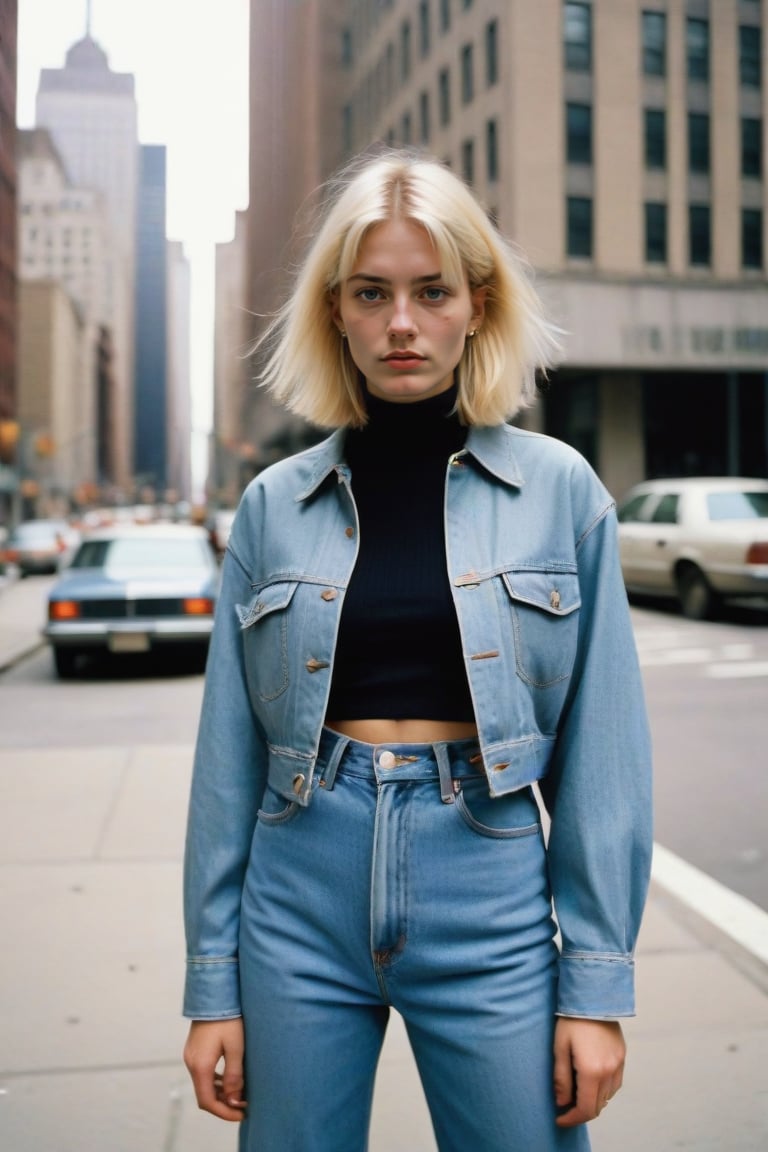 In the gritty streets of 1990 Manhattan, a street-style photograph captures the essence of grunge fashion embodied by a woman standing confidently in front of a sleek silver high-rise building. Her blonde hair, fashioned in the quintessential 90s bob, exudes an air of nonchalant rebellion reminiscent of the era's fashion trends