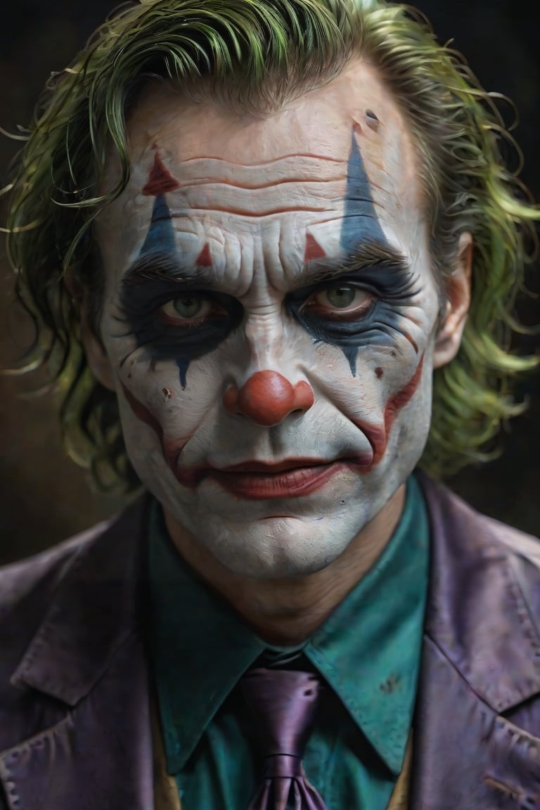 Time-worn Joker, curled up, looks at the lens. The wrinkles and marks on his skin represent a past of sorrows and joys, of lost and forgotten possibilities. His eyes are kind and wise, plagued by fatigue. Around him are trinkets from his quiet workshop. Ultra-realistic, 4K, close-up, gloomy. New age, realistic and detailed background (real photo), ((best quality, intricate details)), [vivid colors], [cinematic lighting], photorealism, highly detailed lifelike skin texture, picture taken with Canon Eos R8, professional photography, HD, 8k, cinematic haze:1.5, photography, ((masterpiece))