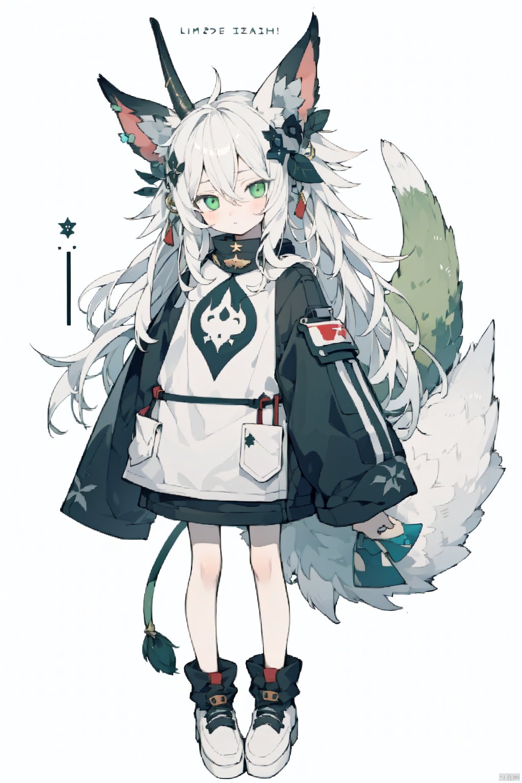  solo, long hair, simple background, hair ornament, long sleeves, 1 girl, white background, animal ears, hair between eyes, green eyes, tail, full body, white hair, horns, watermark, white footwear,Line coated, Line