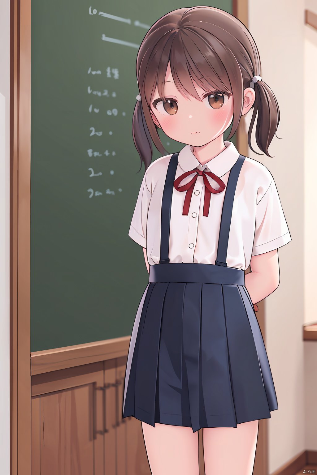  Udon, 1girl, solo, brown hair, twintails, skirt, brown eyes, suspenders, school uniform, arms behind back, ribbon, shirt, suspender skirt, short hair, looking at viewer, white shirt