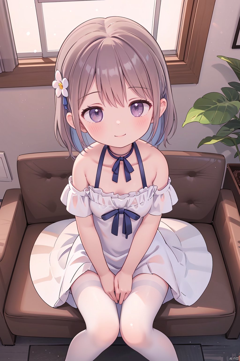  pov,from_above,1girl,loli,solo,very long white hair,gray eyes,white off-shoulder frilled dress ,white pantyhose,No shoes,purple ribbon,smile,indoors,Loft Bedroom Under Circular Window,sitting ,yokozuwari,huge ahoge,conservatory,frilled neck ring,collarbone,two_side_up,body blush,blush,pale_skin,super detailed skin,eyeliner,eyelashes,swept_bangs,hair ornament,leaf,Lush flowers,tassel,loose dress,reflection,ray tracing,chiaroscuro, Brilliant Colorful Paintings, loli, udon