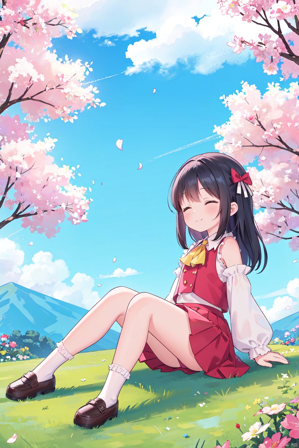  long hair, smile, skirt, shirt, black hair, long sleeves, bow, ribbon, 1girl, bare shoulders, sitting, closed mouth, full body, closed eyes, flower, hair bow, sidelocks, outdoors, frills, detached sleeves, sky,no shoes, day, socks, cloud, wide sleeves, medium hair, vest, red bow, blue sky, petals, ascot, red skirt, brown footwear, hair tubes, cloudy sky, frilled skirt, loafers, red shirt, ribbon trim, skirt set, nature, scenery, pink flower, flying, ribbon-trimmed sleeves, blue flower, white sleeves, ofuda, mountain, yellow flower, purple flower, yellow ascot, red vest, gohei, torii, field, wide shot, frilled bow, flower field, mountainous horizon, shide, frilled hair tubes, loli, udon