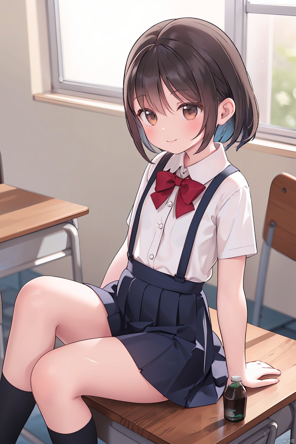 Udon, 1girl, loli, skirt, shirt, desk, suspenders, white shirt, white footwear, sitting, no shoes,socks, smile, black skirt, short hair,
indoors, suspender skirt, thighs, classroom, window, short sleeves, leaning back, school desk, brown hair, knees up, legs,  kneehighs, on desk, school uniform, brown eyes, chair, arm support, white socks, 