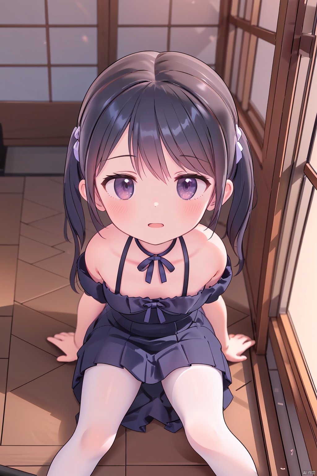 pov,from_above,1girl,loli,solo,very long black hair,gray eyes,white off-shoulder frilled dress ,white pantyhose,No shoes,purple ribbon,smile,indoors,Loft Bedroom Under Circular Window,sitting ,yokozuwari,huge ahoge,conservatory,frilled neck ring,collarbone,two_side_up,body blush,blush,pale_skin,super detailed skin,eyeliner,eyelashes,swept_bangs,hair ornament,leaf,Lush flowers,tassel,loose dress,reflection,ray tracing,chiaroscuro, Brilliant Colorful Paintings, loli, udon