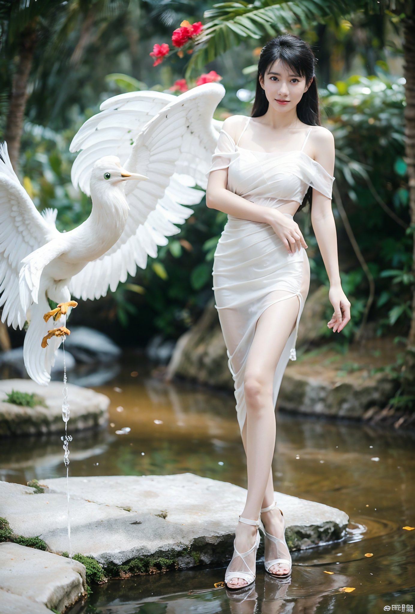  1girl,nice body,(best quality),Transparent gauze skirt,Perfect figure,skirt_lift,Exquisite facial features,Perfect legs,high heels, (ultra detailed),solo,(8K wallpaper),off shoulder, cleavage, huge ,(white sheer dress:1.4),breasts,see-through, narrow waist, areola slip:1.3, strap slip,full_body ,sex,angel,high heel,1 girl,dynamic pose,(Spread pussy:1.35),fhyf,yujianshu,water,lightning,moyou,white pantyhose,tifa lockhart,Biu1213,Hanfu, Rita