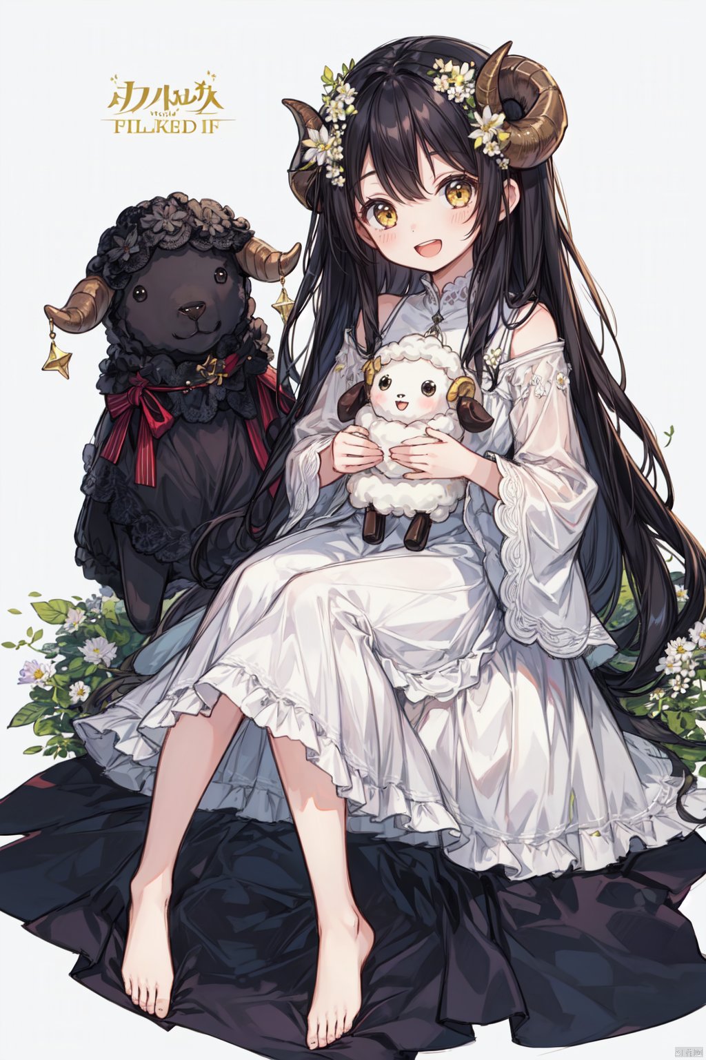  1girl, :d, barefoot, black_hair, blush, copyright_name, dress, flower, full_body, hair_flower, hair_ornament, holding, holding_animal, horns, long_hair, looking_at_viewer, open_mouth, sheep, sheep_horns, simple_background, smile, stuffed_toy, very_long_hair, white_background, white_dress, white_flower, yellow_eyes