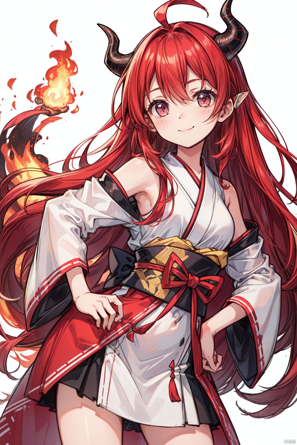  solo,1girl,red hair,long hair,red eyes,white background,bare shoulders,horns,ahoge,fire,hand on hip,simple background,looking at viewer,very long hair,japanese clothes,small breasts,ribbon,backlight