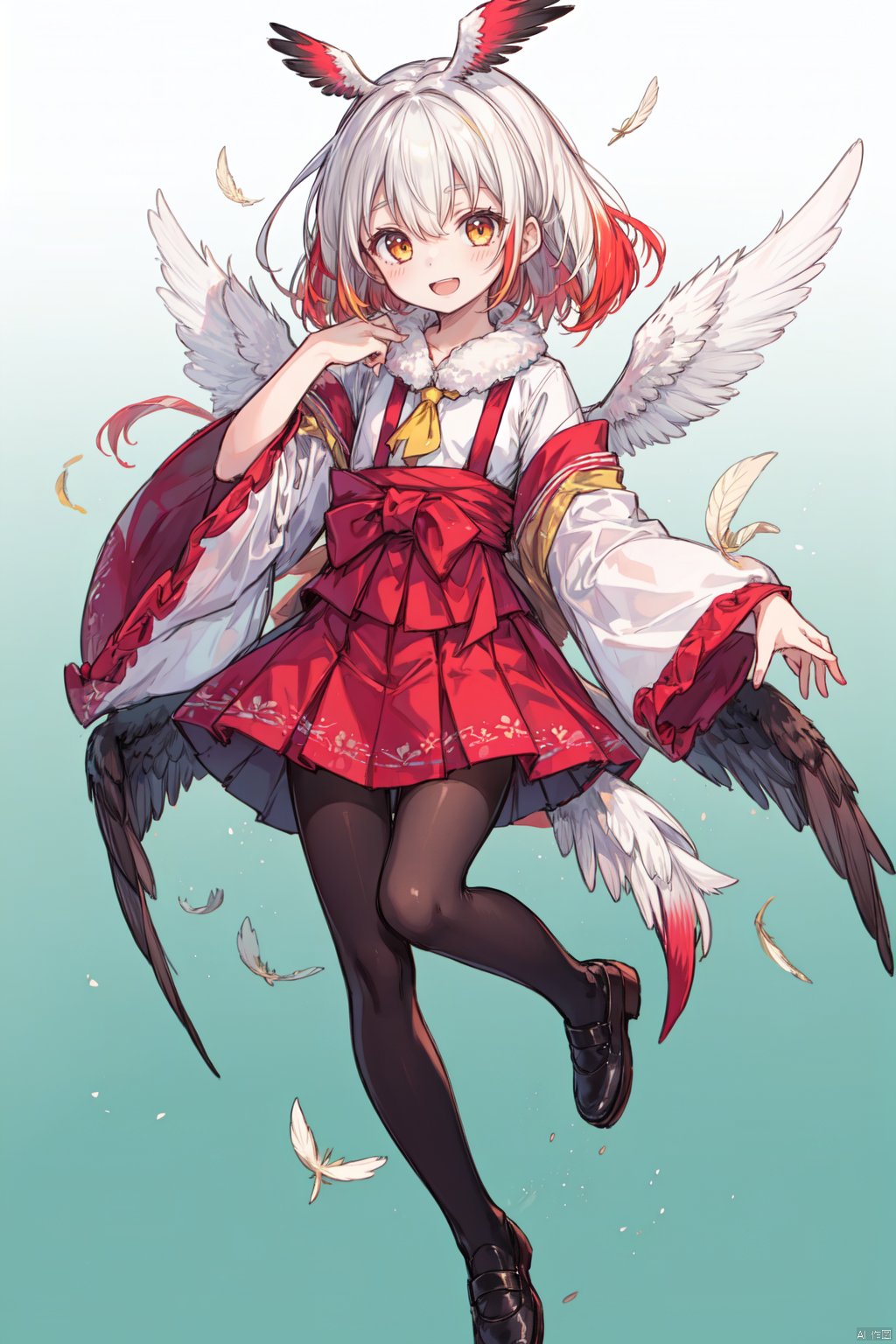  1girl, bangs, bird_tail, bird_wings, black_footwear, empty_eyes, eyebrows_visible_through_hair, eyelashes, feather_trim, feathered_wings, feathers, frilled_sleeves, frills, full_body, fur_collar, gradient, gradient_background, gradient_hair, hand_on_own_chest, head_wings, japanese_crested_ibis_\(kemono_friends\), long_hair, long_sleeves, looking_at_viewer, mary_janes, miniskirt, multicolored_hair, open_mouth, orange_skirt, pantyhose, pleated_skirt, red_hair, red_legwear, shirt, shoes, sidelocks, skirt, smile, solo, tail, tail_feathers, two-tone_hair, white_hair, white_wings, wide_sleeves, wings, yellow_eyes