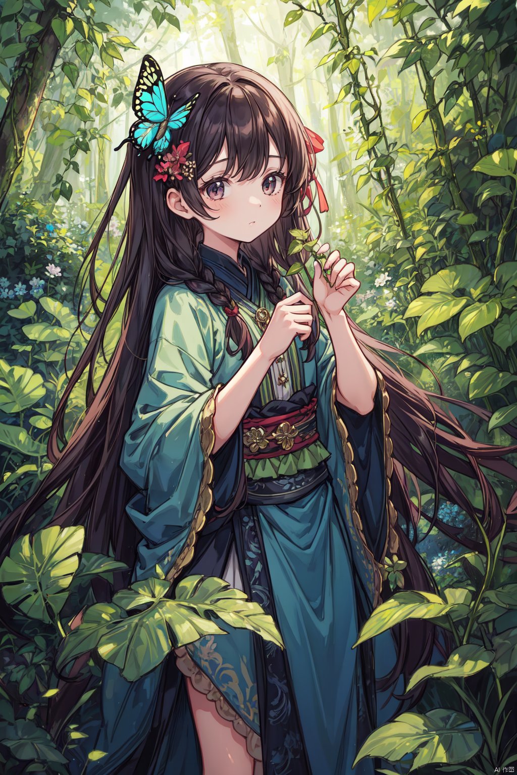  1 girl, surrounded by big leaf plants, wearing flower accessories, (Old-growth forest), (long hair) puberty, young girl, bright outline,Butterfly Dance, surrealistic,tuyawang, senlin