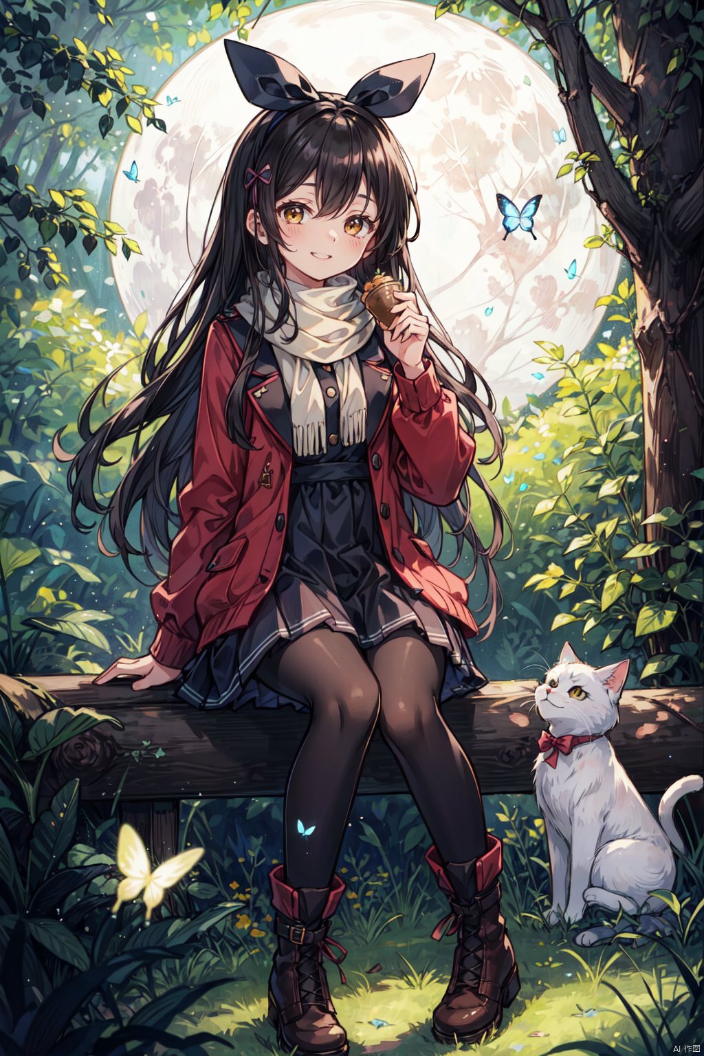  1girl, cat, solo, long hair, pantyhose, scarf, black hair, butterfly, sitting, nature, bug, argyle, night, forest, tree, moon, breath, smile, yellow eyes, hair bow, boots, bow, dress, full moon, brown eyes, black pantyhose, argyle legwear, hair ribbon, ribbon,half closed Eyes, backlight, msn, colors