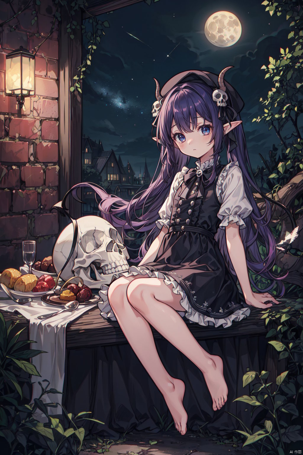  masterpiece, ((best quality)), (ultra-detailed), (illustration), an extremely delicate and beautiful, dynamic angle, chromatic aberration,((Medium shot)), ((colorful)),//,little girl,1girl,loli,petite,black dress,lolita,Bare foot,blue eyes,dark purple hair,long hair,Dead skin,Shiny skin,small breast,ringlet twin tail,(Skull headwear,Demon tail,Demon horn,elf,hair ribbon),despair,The crows were feeding on the rotting carcass,table,hell,Beelzebub,dark,night,(moon:1.02),star,meteor,milky way,petety