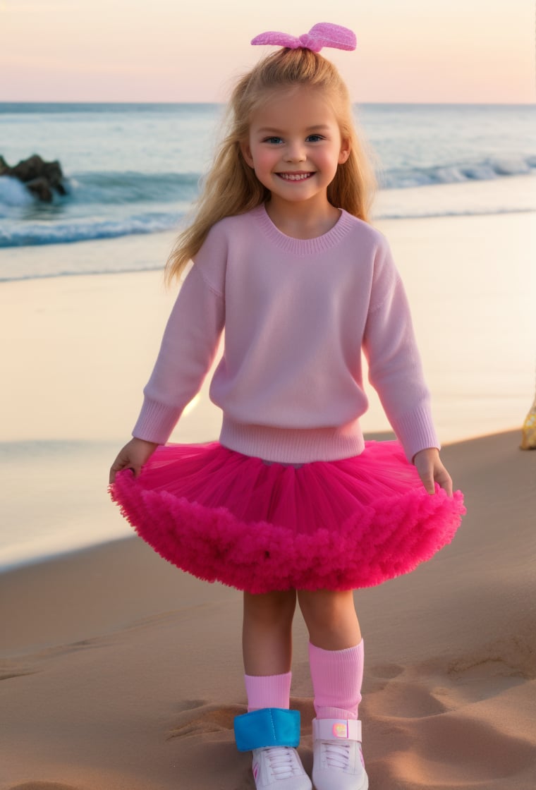 photography professional, Little Girl, 8 year-old, smiling happy, blond long hair, sweater, ((high socks, pettiskirt tutu, multi-layers, fluffy)(sneakers:1.2), (beach background) (8K) flash photo, raw photo, sunset