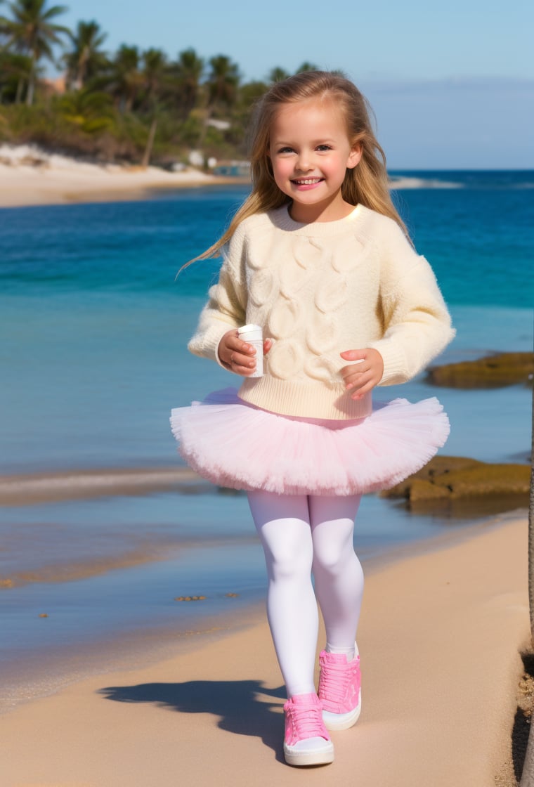 photography professional, Little Girl, 8 year-old, smiling happy, blond long hair, sweater, ((white leggings-pantyhose, pettiskirt tutu, multi-layers, fluffy)) (sneakers:1.2), (beach background) ((full body)) (8K) raw photo,