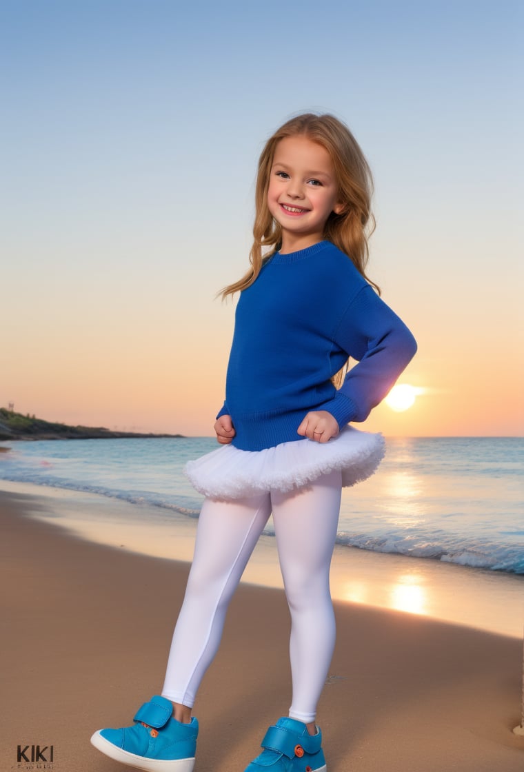 photography professional, Little Girl, 8 year-old, smiling happy, blond long hair, sweater, ((white leggings-pantyhose, pettiskirt tutu, multi-layers, fluffy)(sneakers:1.2), (beach background) ((full body)) (8K) flash photo, raw photo, sunset