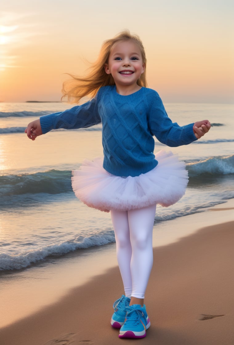 photography professional, Little Girl, 8 year-old, smiling happy, blond long hair, sweater, ((white leggings-pantyhose, pettiskirt tutu, multi-layers, fluffy)) sunset (sneakers:1.2), (beach background) ((full body)) (8K) raw photo,