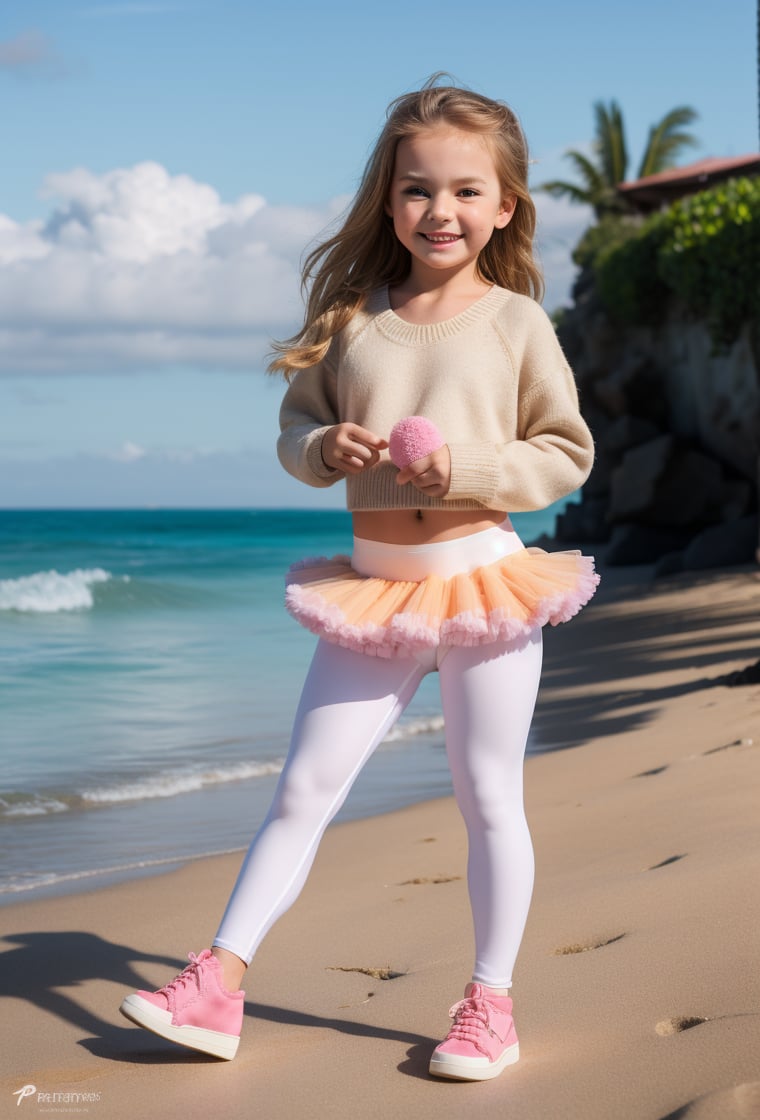 photography professional, Little Girl, 8 year-old, smiling happy, blond long hair, sweater, ((white leggings-pantyhose, pettiskirt tutu, multi-layers, fluffy)) (sneakers:1.2), (beach background) ((full body)) (8K) raw photo,