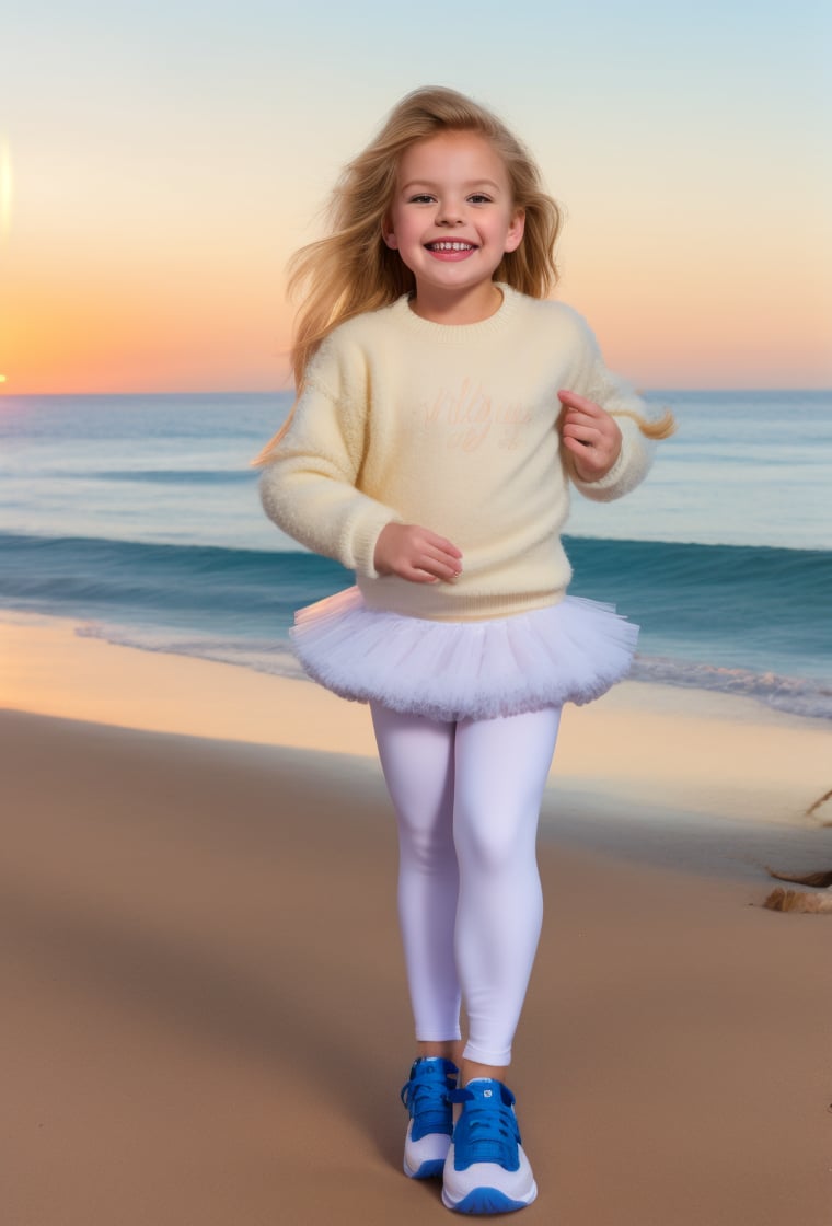 photography professional, Little Girl, 8 year-old, smiling happy, blond long hair, sweater, ((white leggings-pantyhose, pettiskirt tutu, multi-layers, fluffy)(sneakers:1.2), (beach background) (upper body)) (8K) flash photo, raw photo, sunset