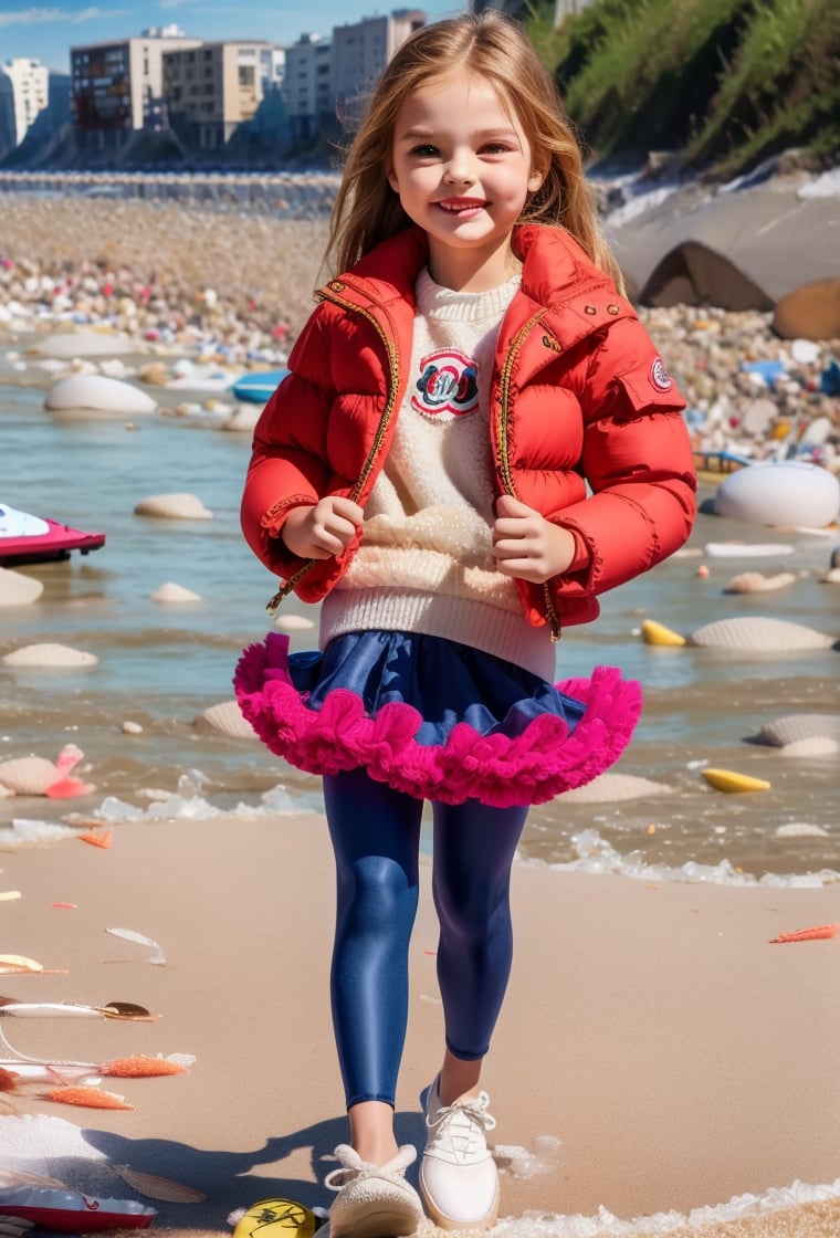 photography professional, Little Girl, 8 year-old, smiling happy, blond long hair, ((Moncler Jacket, leggings-pantyhose, pettiskirt tutu, multi-layers, fluffy)) (sneakers:1.2), (river beach background:2.0) ((full body)) (8K) raw photo,