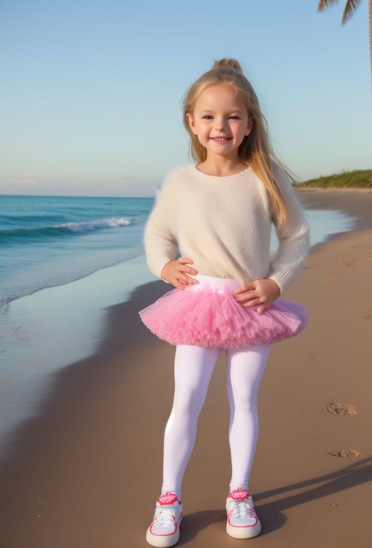 photography professional, Little Girl, 8 year-old, smiling happy, blond long hair, sweater, ((white leggings-pantyhose, pettiskirt tutu, multi-layers, fluffy)) (sneakers:1.2), (beach background) ((full body)) (8K) raw photo,