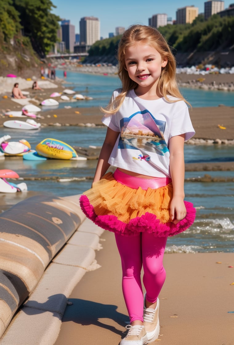 photography professional, Little Girl, 8 year-old, smiling happy, blond long hair, ((t-shirt, leggings-pantyhose, pettiskirt tutu, multi-layers, fluffy)) (sneakers:1.2), (river beach background:2.0) ((full body)) (8K) raw photo,