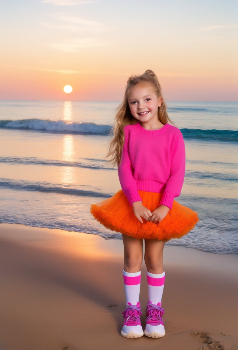 photography professional, Little Girl, 8 year-old, smiling happy, blond long hair, sweater, ((high socks, pettiskirt tutu, multi-layers, fluffy)(sneakers:1.2), (beach background) (8K) flash photo, raw photo, sunset