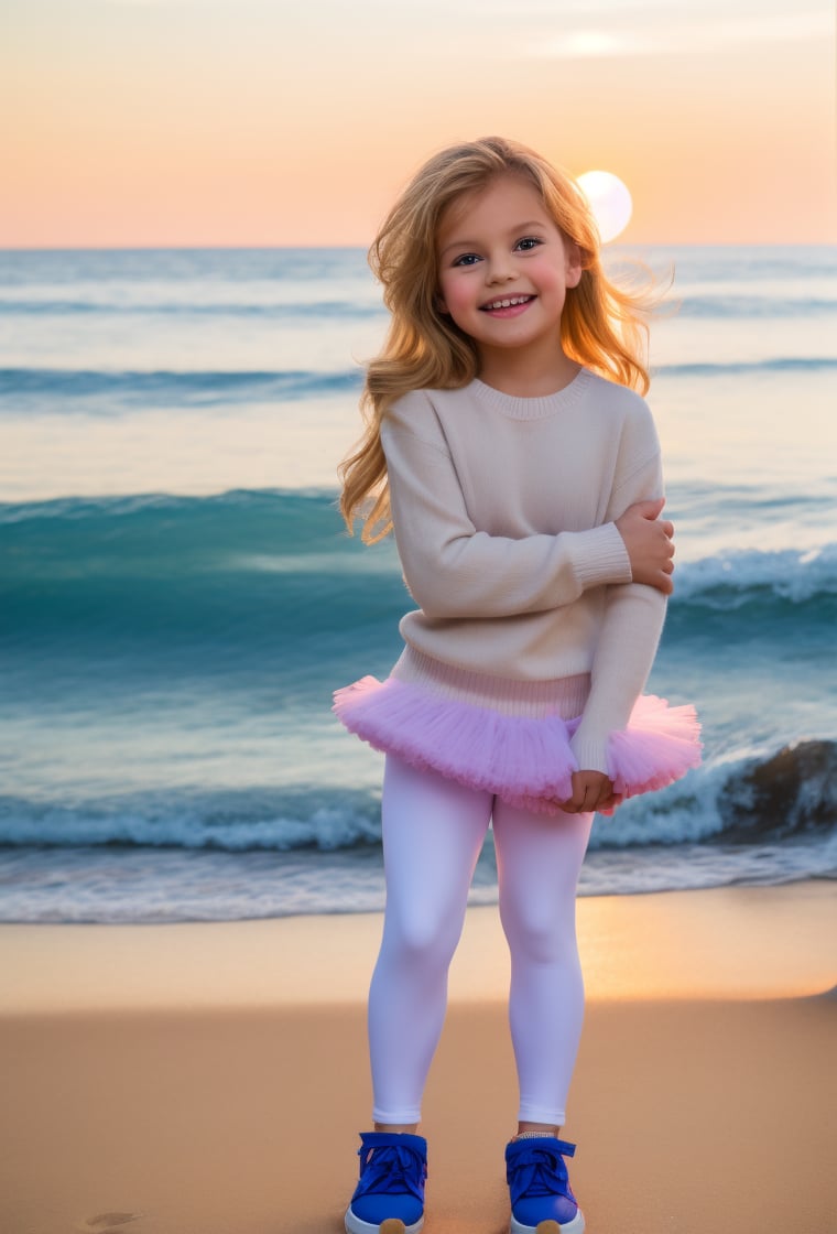 photography professional, Little Girl, 8 year-old, smiling happy, blond long hair, sweater, ((white leggings-pantyhose, pettiskirt tutu, multi-layers, fluffy)(sneakers:1.2), (beach background) ((full body)) (8K) raw photo, sunset