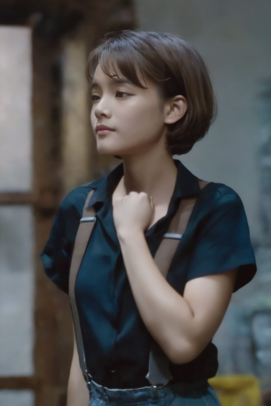 1girl, solo, short hair, brown hair, shirt, standing, closed eyes, short sleeves, indoors, black shirt, profile, suspenders,cinematic style