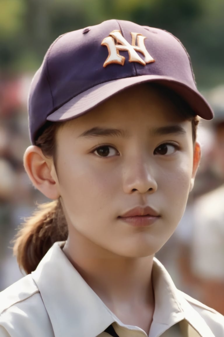 1girl, looking at viewer, brown hair, shirt, 1boy, hat, white shirt, upper body, parted lips, solo focus, collared shirt, blurry, uniform, blurry background, letterboxed, baseball cap, freckles, realistic