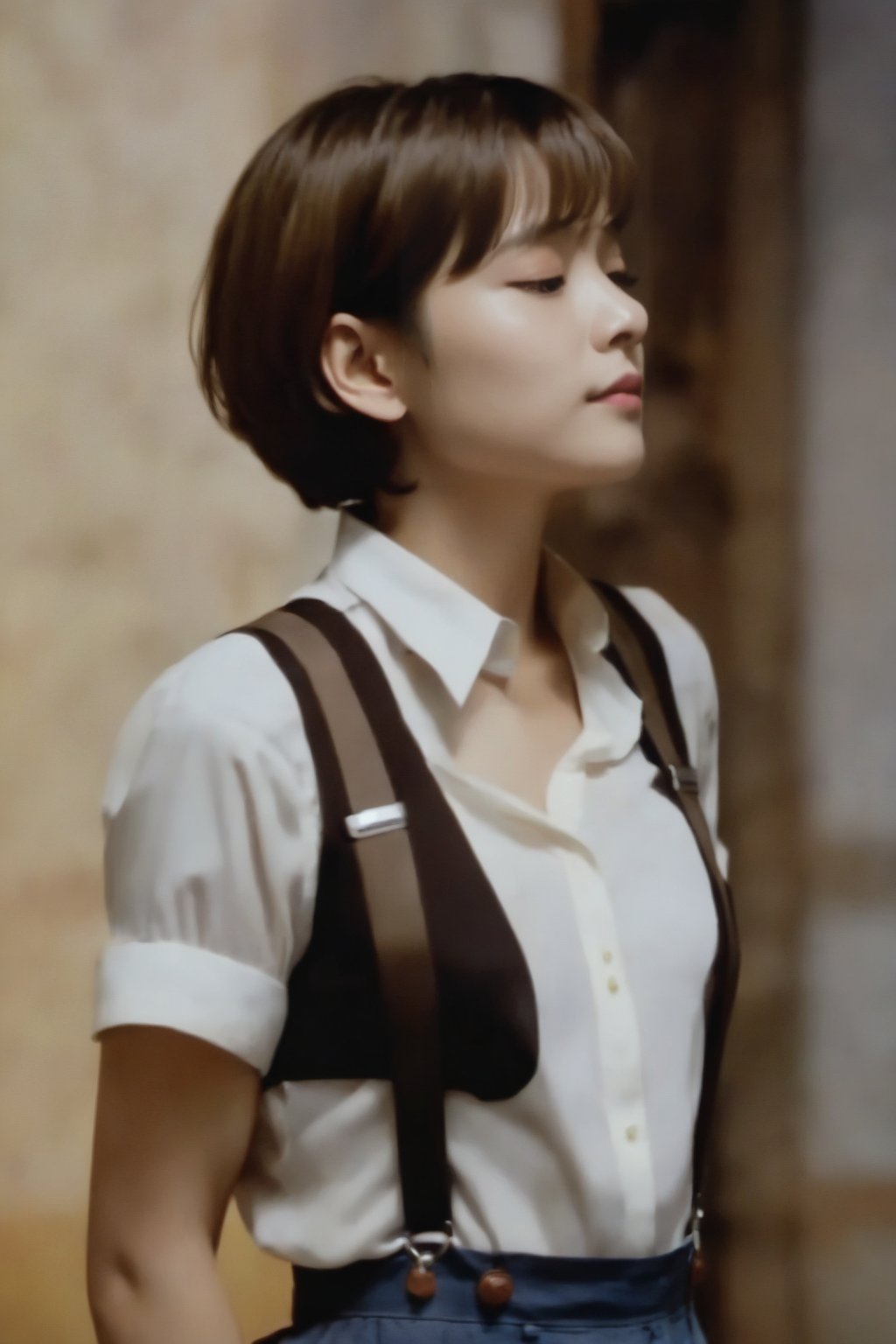 1girl, solo, short hair, brown hair, shirt, standing, closed eyes, short sleeves, indoors, black shirt, profile, suspenders,cinematic style