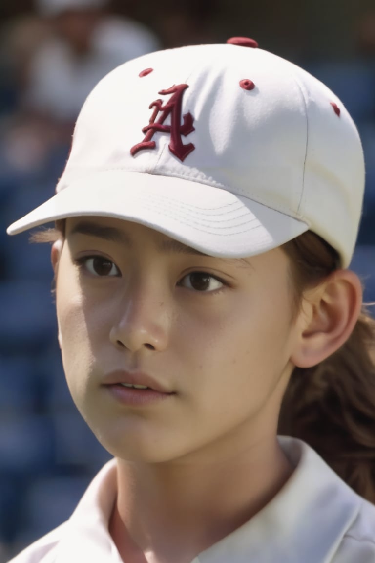 1girl, looking at viewer, brown hair, shirt, 1boy, hat, white shirt, upper body, parted lips, solo focus, collared shirt, blurry, uniform, blurry background, letterboxed, baseball cap, freckles, realistic