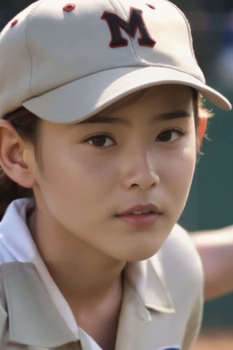 1girl, looking at viewer, brown hair, shirt, 1boy, hat, white shirt, upper body, parted lips, solo focus, collared shirt, blurry, uniform, blurry background, letterboxed, baseball cap, freckles, realistic