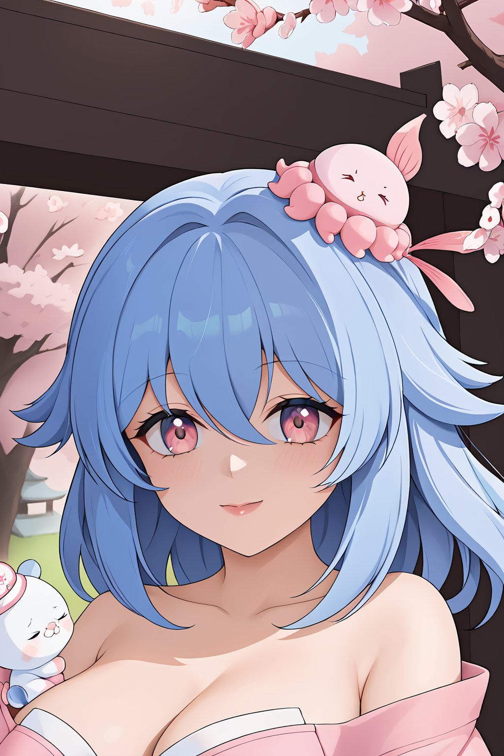 ray tracing, {best quality}, {{masterpiece}}, Cherry blossoms, large breasts, blue hair, pink headwear, bangs, hair between eyes, gradient eyes,haiyi, baby_face, young face