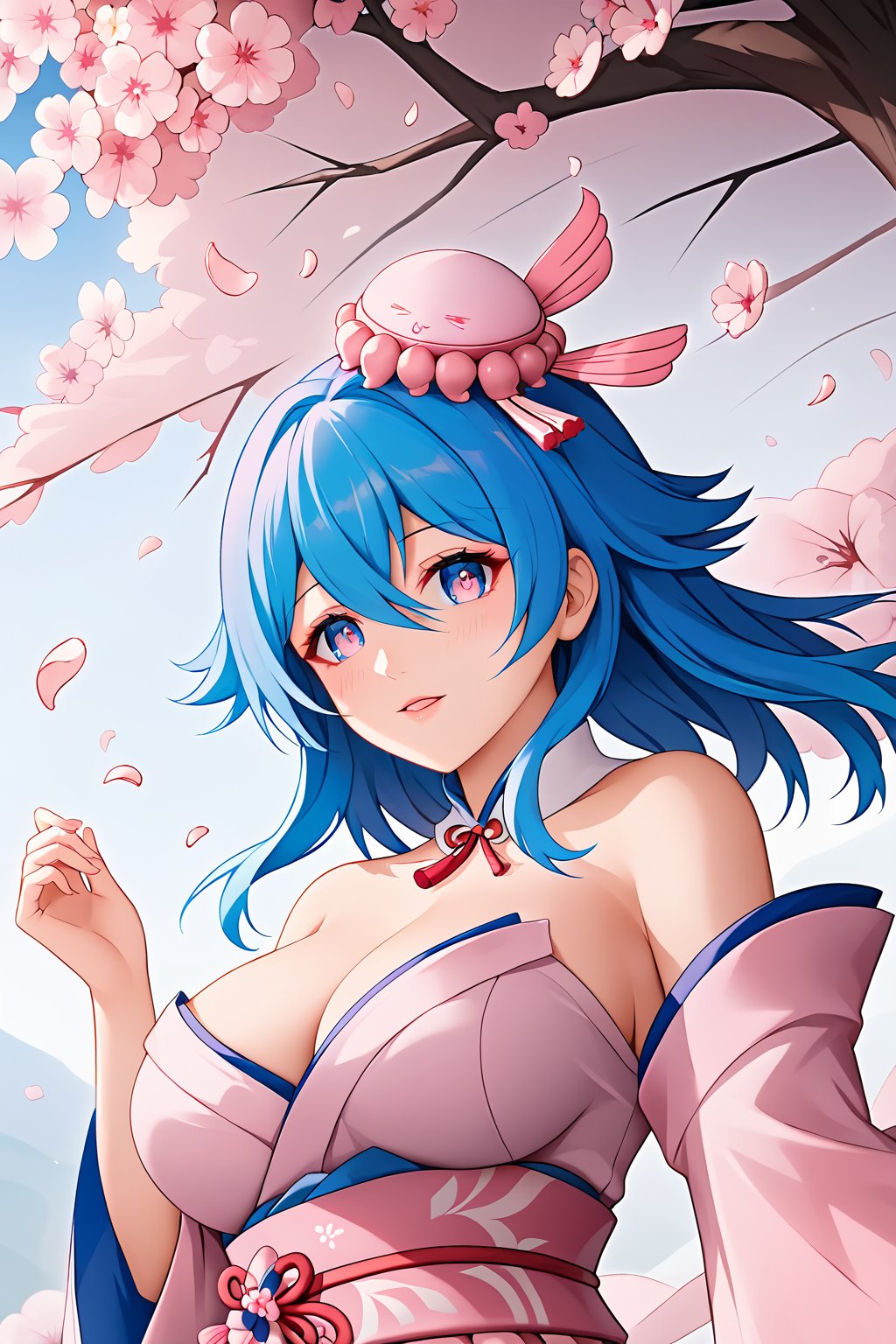 ray tracing, {best quality}, {{masterpiece}}, {highres}, original, extremely detailed 8K wallpaper, {an extremely delicate and beautiful}, extremely detailed CG unity 8k wallpaper, Cherry blossoms, large breasts, blue hair, pink headwear, bangs, hair between eyes, gradient eyes,haiyi, 