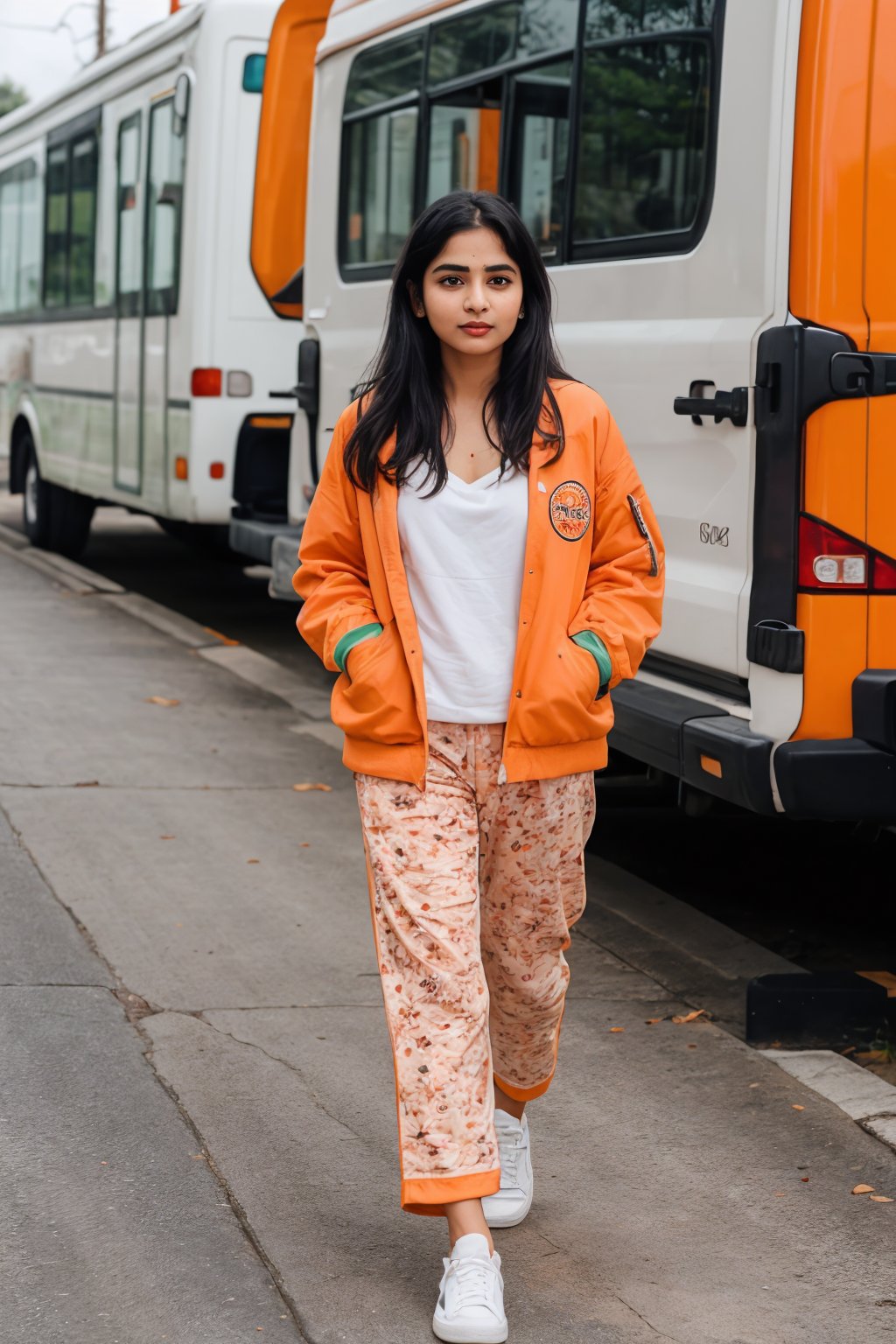 Lovely cute young attractive indian  girl, 35 years old, cute model, long black_hair,   wearing a  orange jacket and green pajama, varsity jacket , white shoes, walking