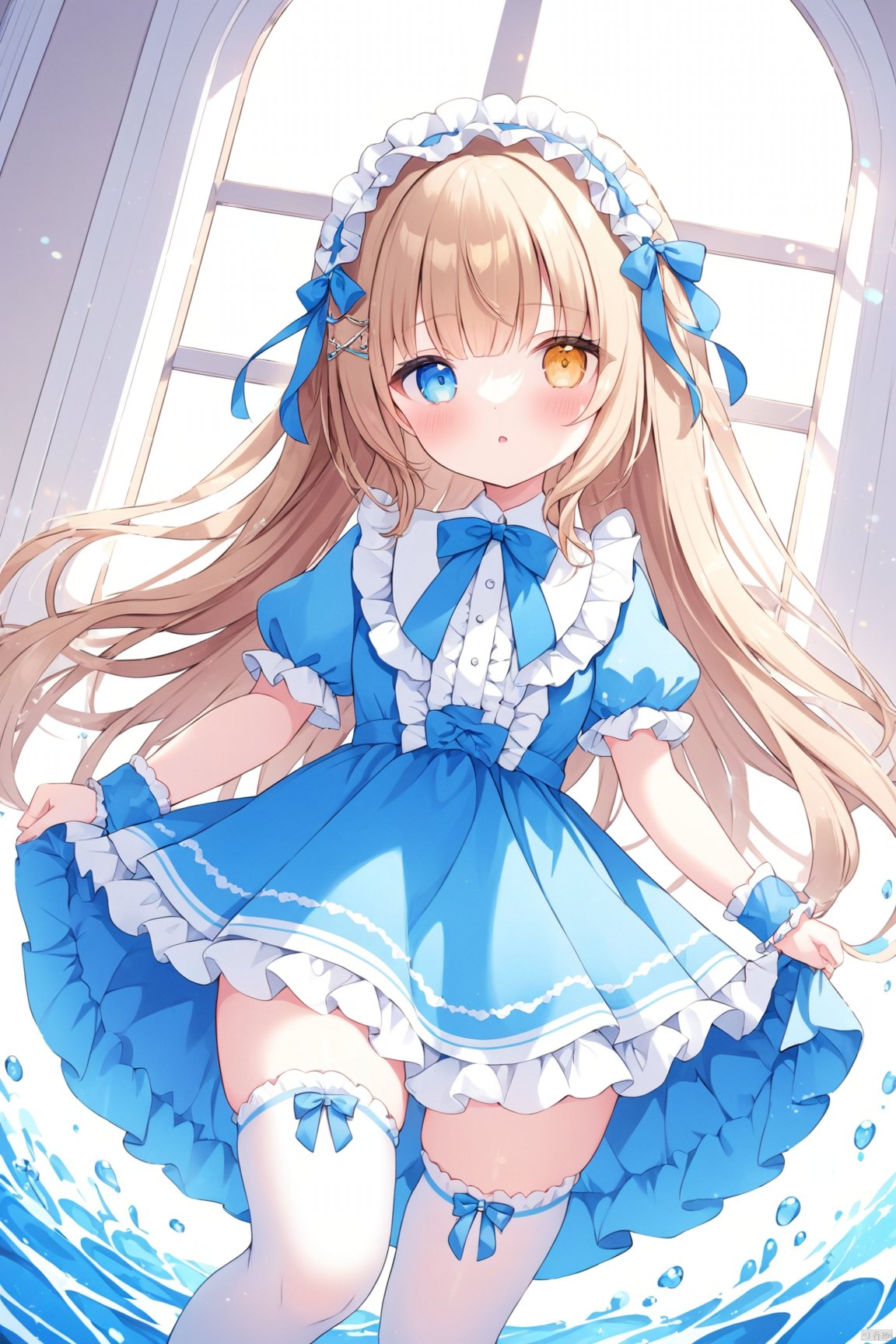 dynamic angle,
masterpiece, best quality, illustration, ultra detailed, Depth of field, colorful, loli,1girl, solo, long hair, looking at viewer, bangs, long hair,, dress, bow, puffy sleeves, multicolored hair, parted lips, water, blue dress, wrist cuffs, bow, rose, heterochromia, frilled headband, hair ornaments, white thighhighs, frilled thighhighs, sunlight, window, certain,  white background, omochi_newest, blonde hair, brown hair,