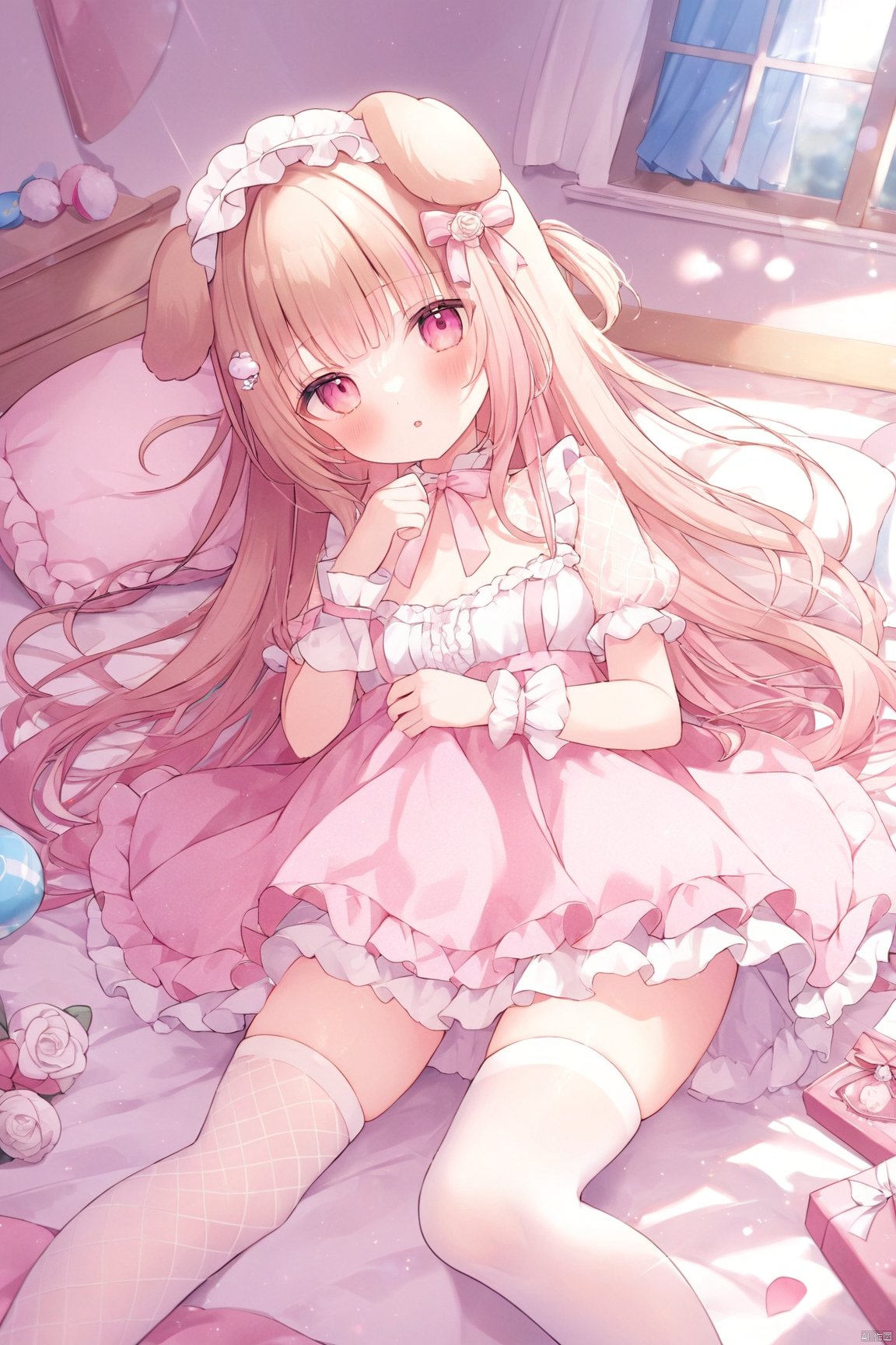 dynamic angle, dog ears,omochi_newest,
loli,1girl, long hair, looking at viewer, bangs, long hair, dress, bow, puffy sleeves, multicolored hair, parted lips, water,  pink dress, wrist cuffs, bow, rose, frilled headband, hair ornaments, white (fishnets thighhighs), sunlight, window, certain, , brow hair, no shoes, lying, bed, pillow, room, toys, [breasts], thin
masterpiece, best quality, illustration, ultra detailed, Depth of field, colorful, 