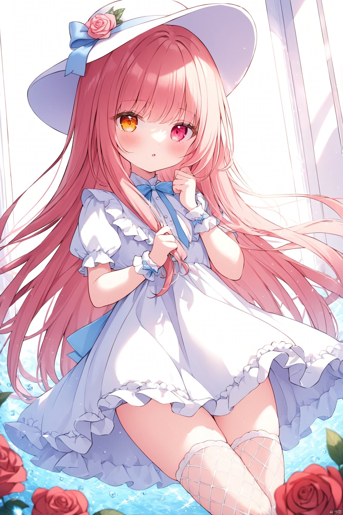 dynamic angle,
masterpiece, best quality, illustration, ultra detailed, Depth of field, colorful, loli,1girl, solo, long hair, looking at viewer, bangs, long hair, red eyes, hat, dress, bow, holding, very long hair, flower, short sleeves, multicolored hair, parted lips, water, white dress, wrist cuffs, bow, rose, heterochromia, white headwear, fishnets thighhighs, sunlight, window, certain,  white background, omochi_newest