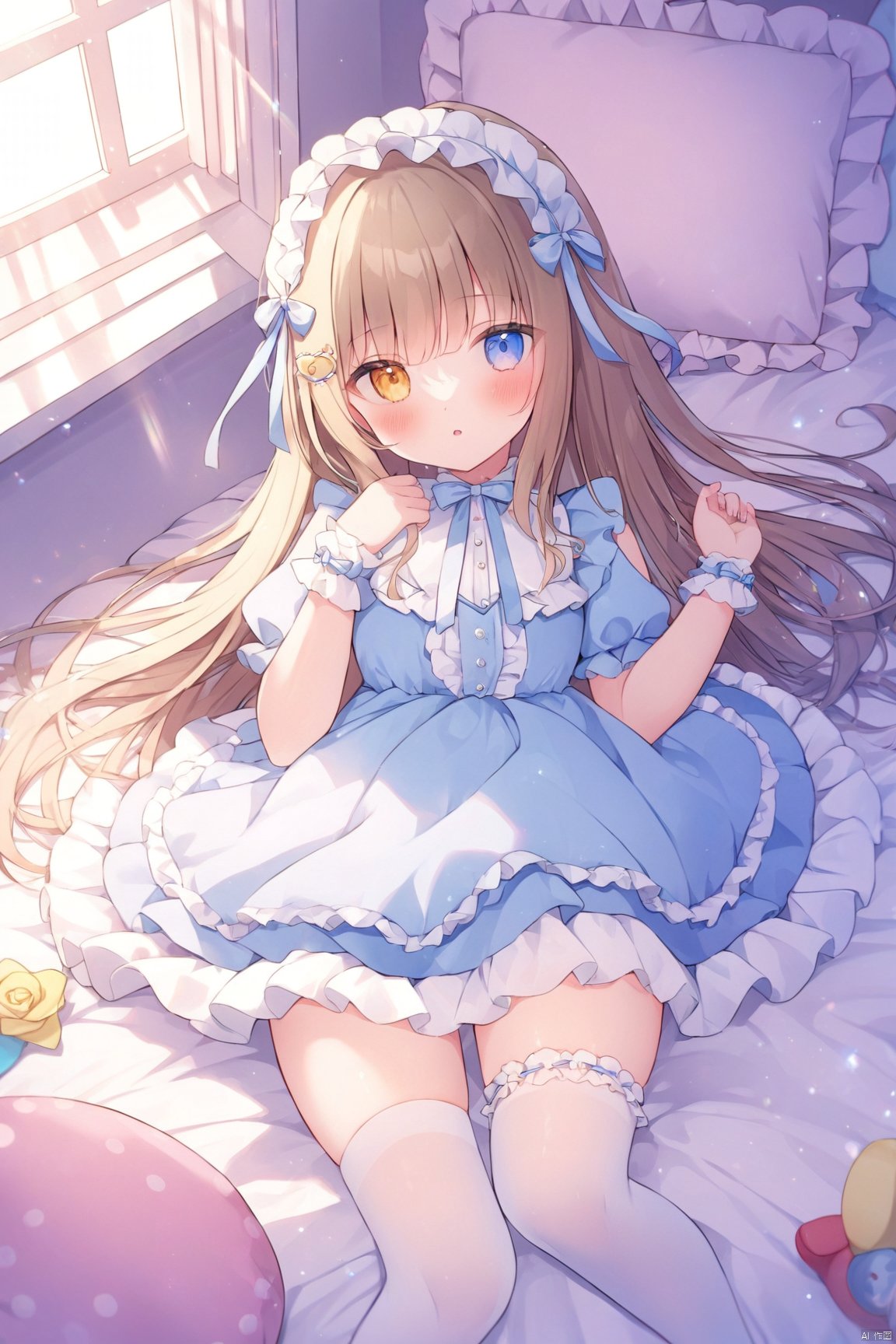 dynamic angle,
masterpiece, best quality, illustration, ultra detailed, Depth of field, colorful, loli,1girl, solo, long hair, looking at viewer, bangs, long hair,, dress, bow, puffy sleeves, multicolored hair, parted lips, water, blue dress, wrist cuffs, bow, rose, heterochromia, frilled headband, hair ornaments, white thighhighs, frilled thighhighs, sunlight, window, certain,  white background, omochi_newest, blonde hair, brown hair, no shoes, lying, bed, pillow, room, toys,