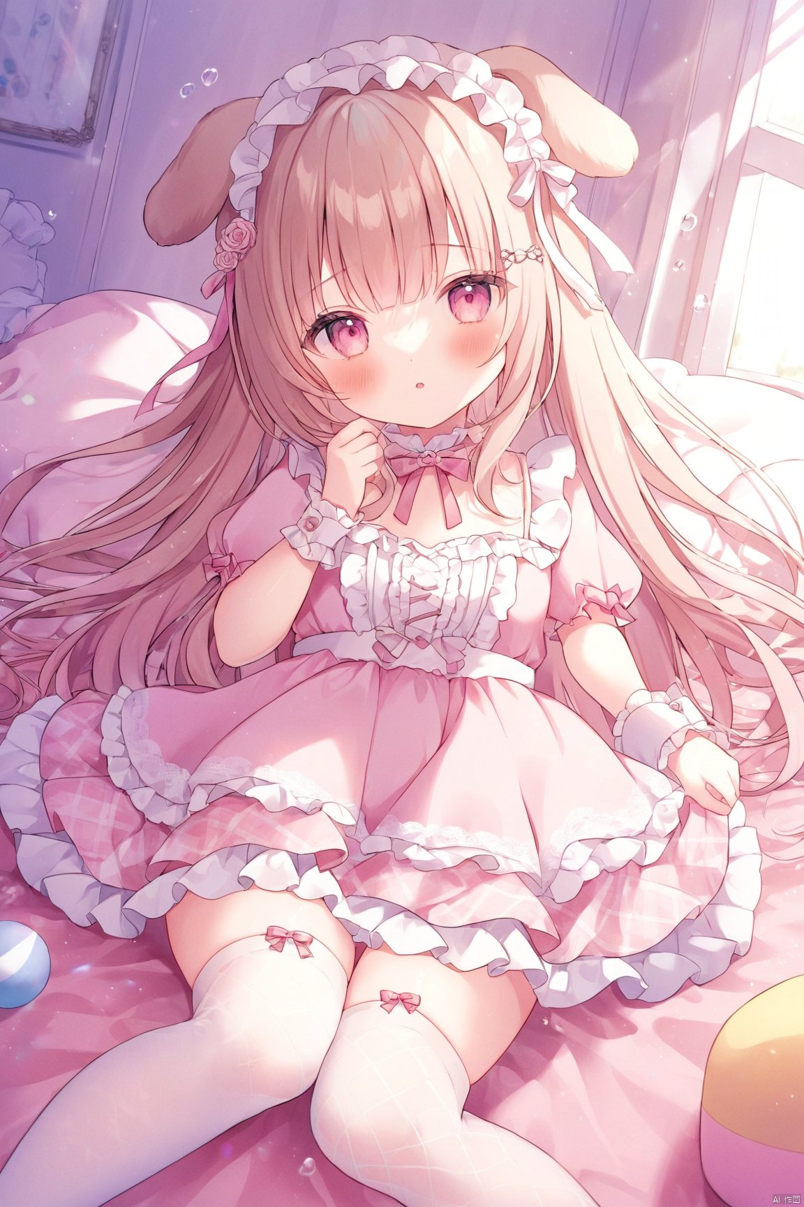 dynamic angle, dog ears,omochi_newest,
loli,1girl, long hair, looking at viewer, bangs, long hair, dress, bow, puffy sleeves, multicolored hair, parted lips, water,  pink dress, wrist cuffs, bow, rose, frilled headband, hair ornaments, white (fishnets thighhighs), sunlight, window, certain, , brow hair, no shoes, lying, bed, pillow, room, toys, [breasts], thin
masterpiece, best quality, illustration, ultra detailed, Depth of field, colorful, 