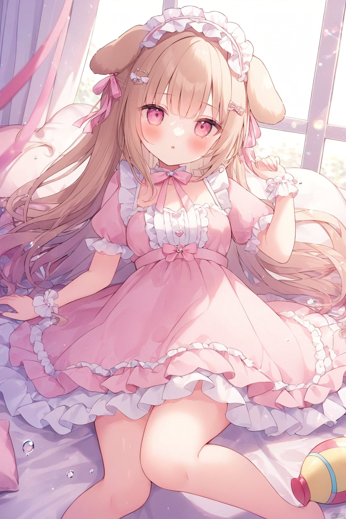 dynamic angle, dog ears,
masterpiece, best quality, illustration, ultra detailed, Depth of field, colorful, loli,1girl, long hair, looking at viewer, bangs, long hair, dress, bow, puffy sleeves, multicolored hair, parted lips, water,  pink dress, wrist cuffs, bow, rose,, frilled headband, hair ornaments, fishnets, sunlight, window, certain,  white background, omochi_newest, brow hair, no shoes, lying, bed, pillow, room, toys, [breasts], thin