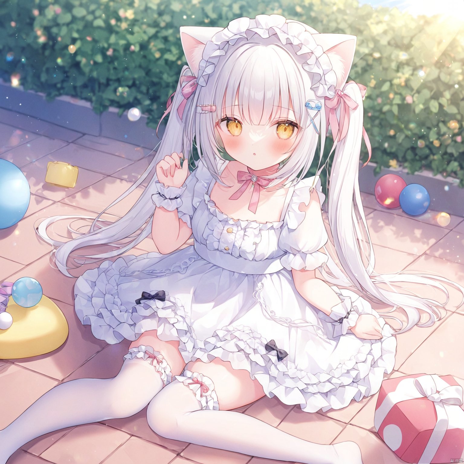 dynamic angle, cat ears,omochi_newest, twintails, outdoors,
loli,1girl, long hair, looking at viewer, bangs, long hair, dress, bow, puffy sleeves, multicolored hair, frilled dress, wrist cuffs, bow, frilled headband, hair ornaments, frilled thighhighs, frills, sunlight,, white hair, no shoes,,, toys, breasts, thin
masterpiece, best quality, illustration, ultra detailed, Depth of field, colorful, , omochi_newest