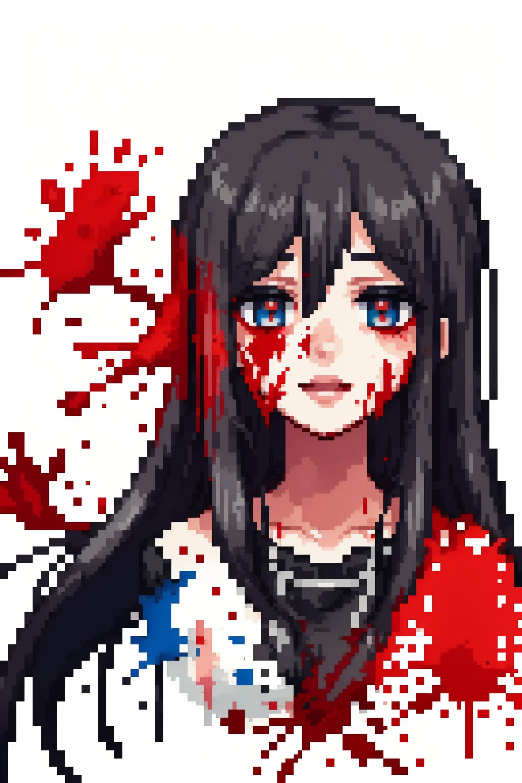 (masterpiece, best quality:1.2), Haemosplash style, ((1girl)), (looking up to the sky:1.2, ((head tilted back)), blood splatter, bloody face,Pixel art